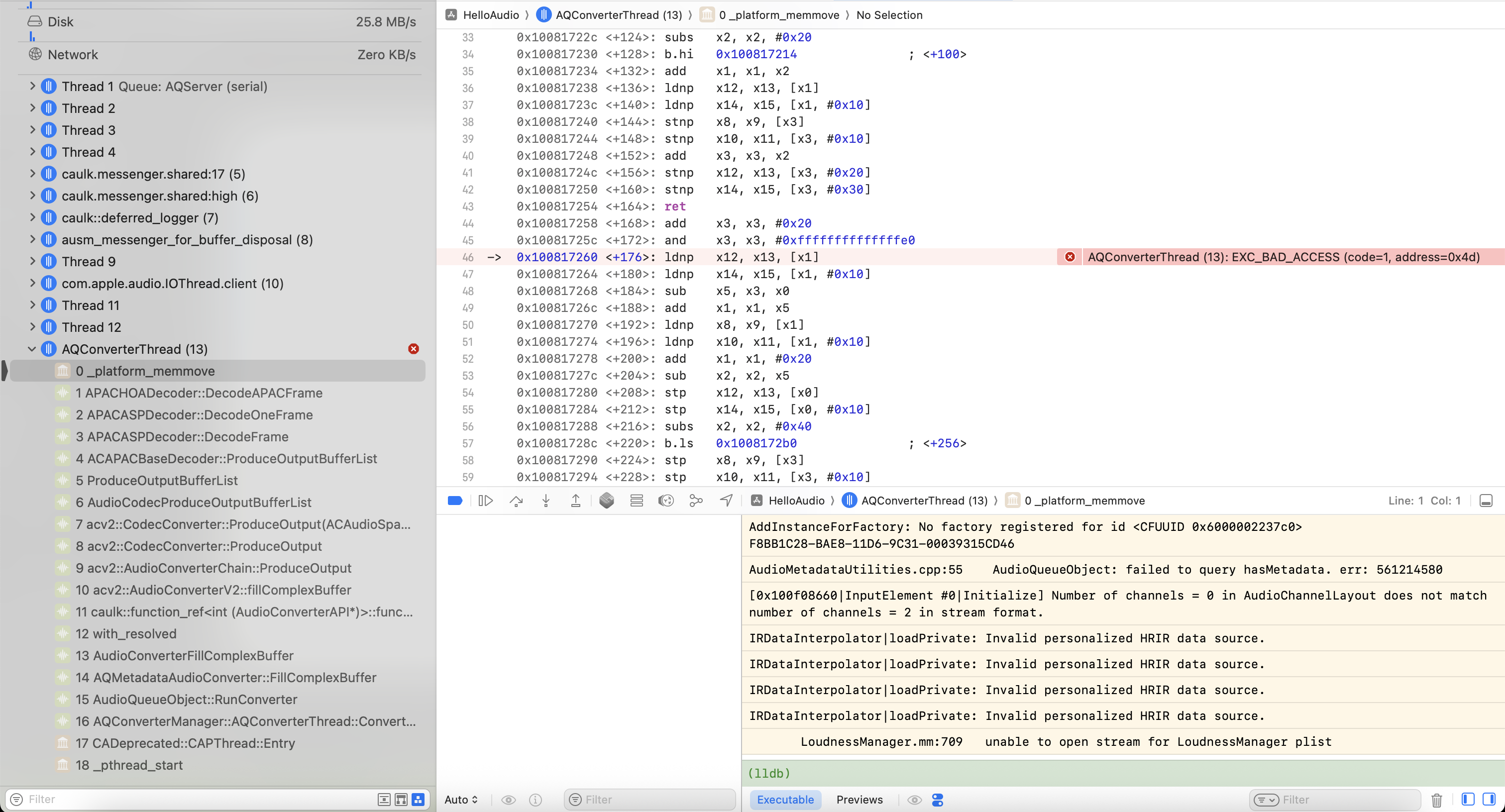 Xcode che mostra il crash in _platform_memmove