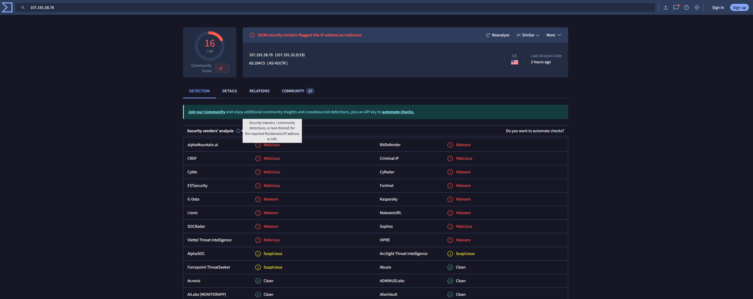 Result form VirusTotal