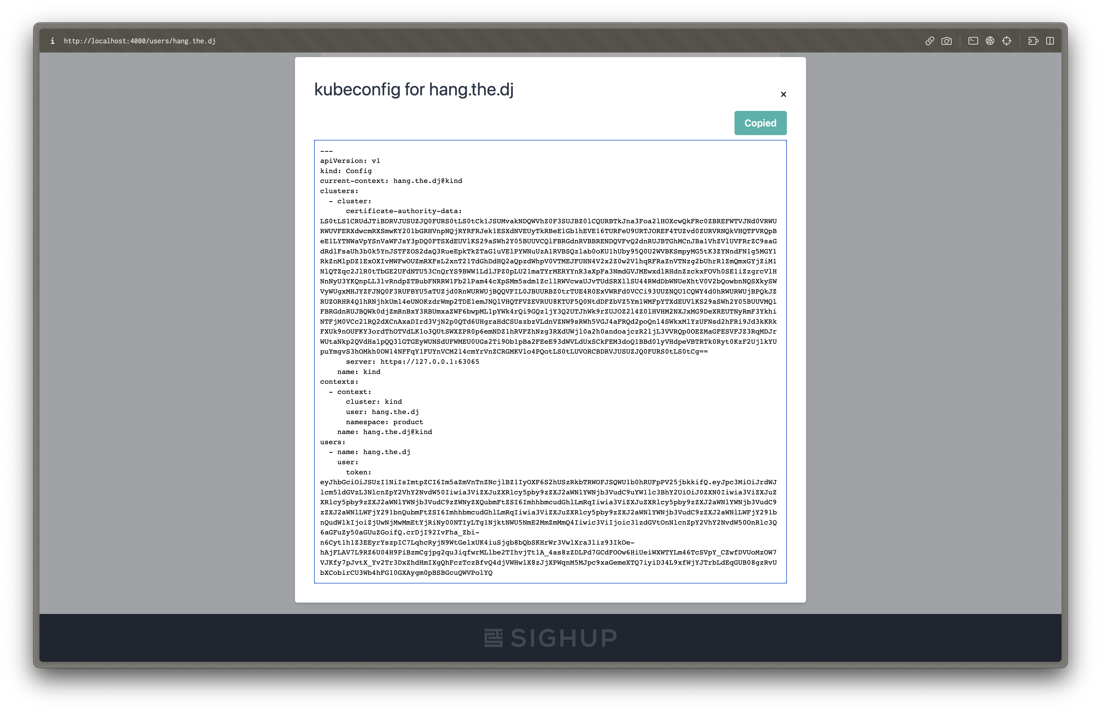Kubeconfig del usuario