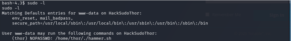 hammer.sh に対する NOPASSWD ルールを明らかにする sudo -l