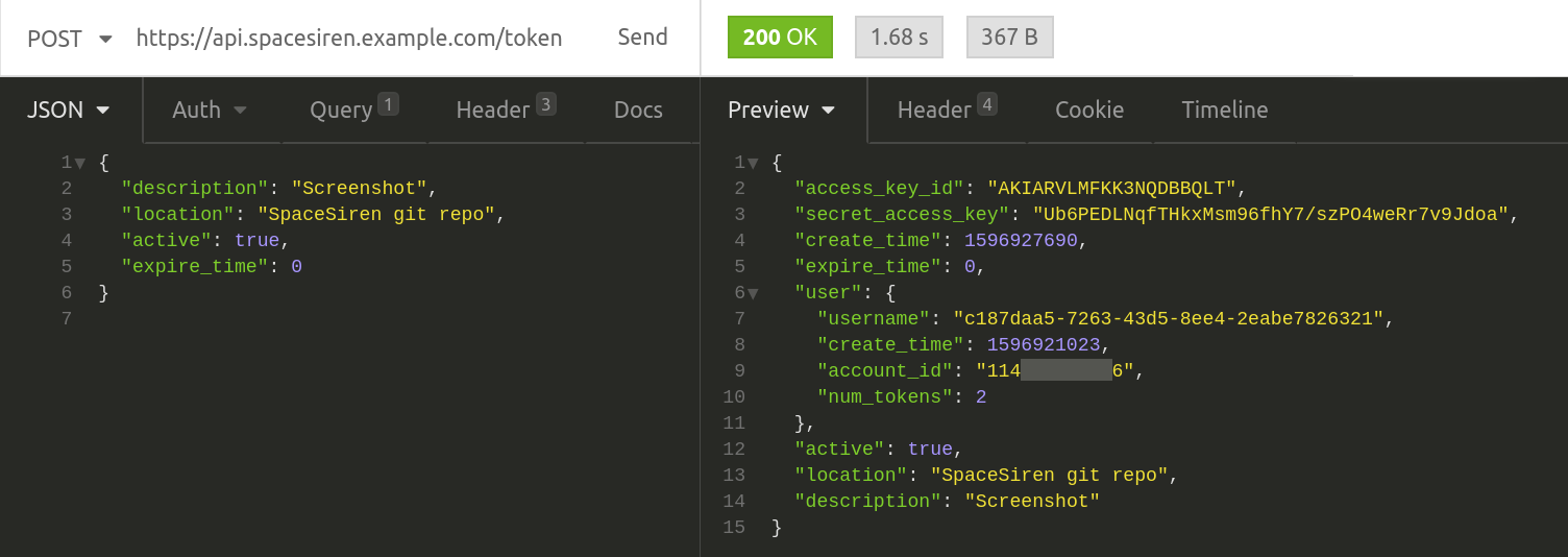 Capture d'écran de l'API Token