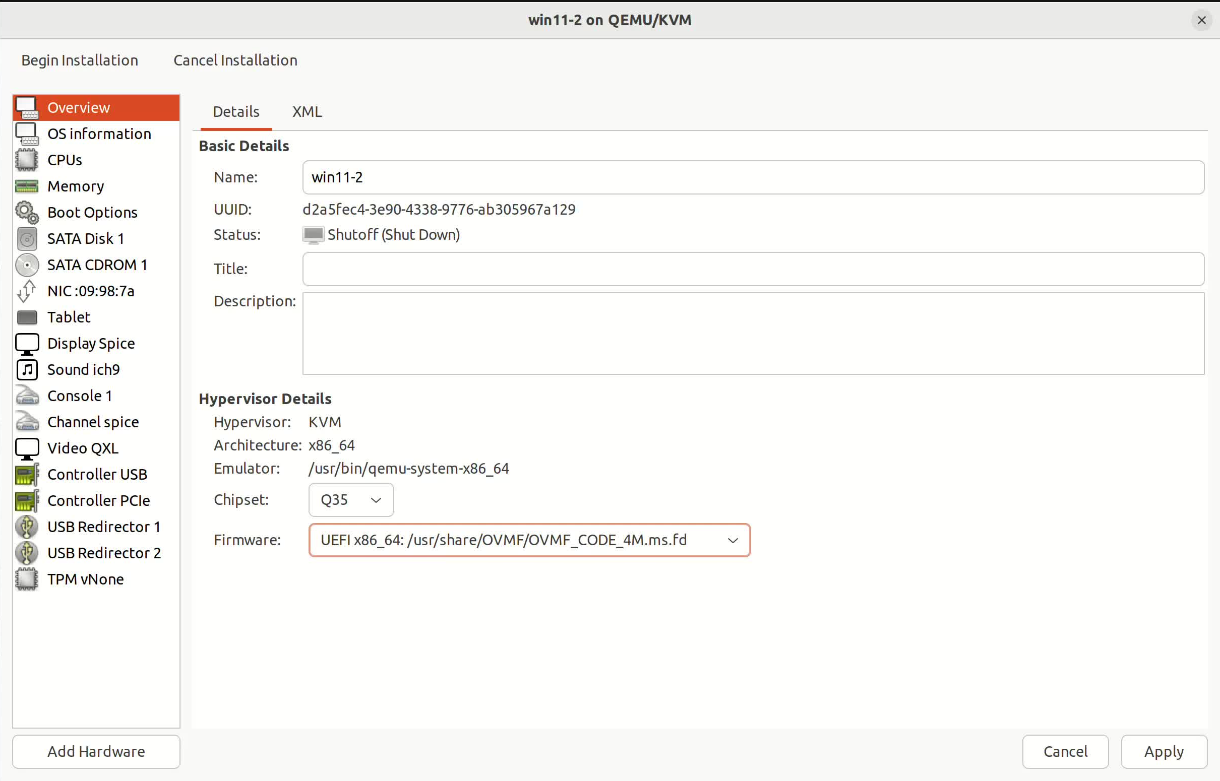 Configurazione Overview della macchina virtuale