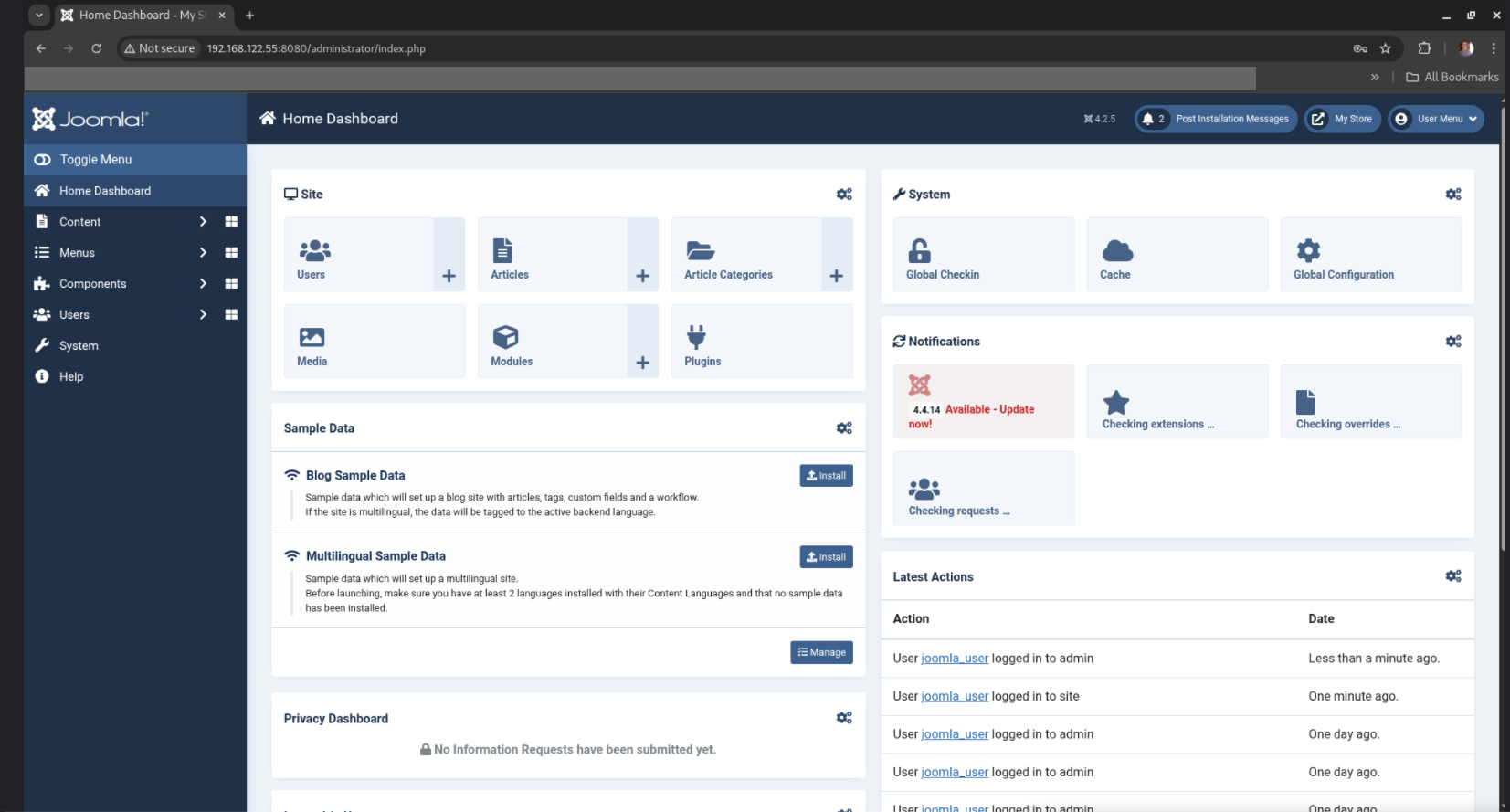 Joomla प्रशासक डैशबोर्ड लॉगिन स्क्रीनशॉट