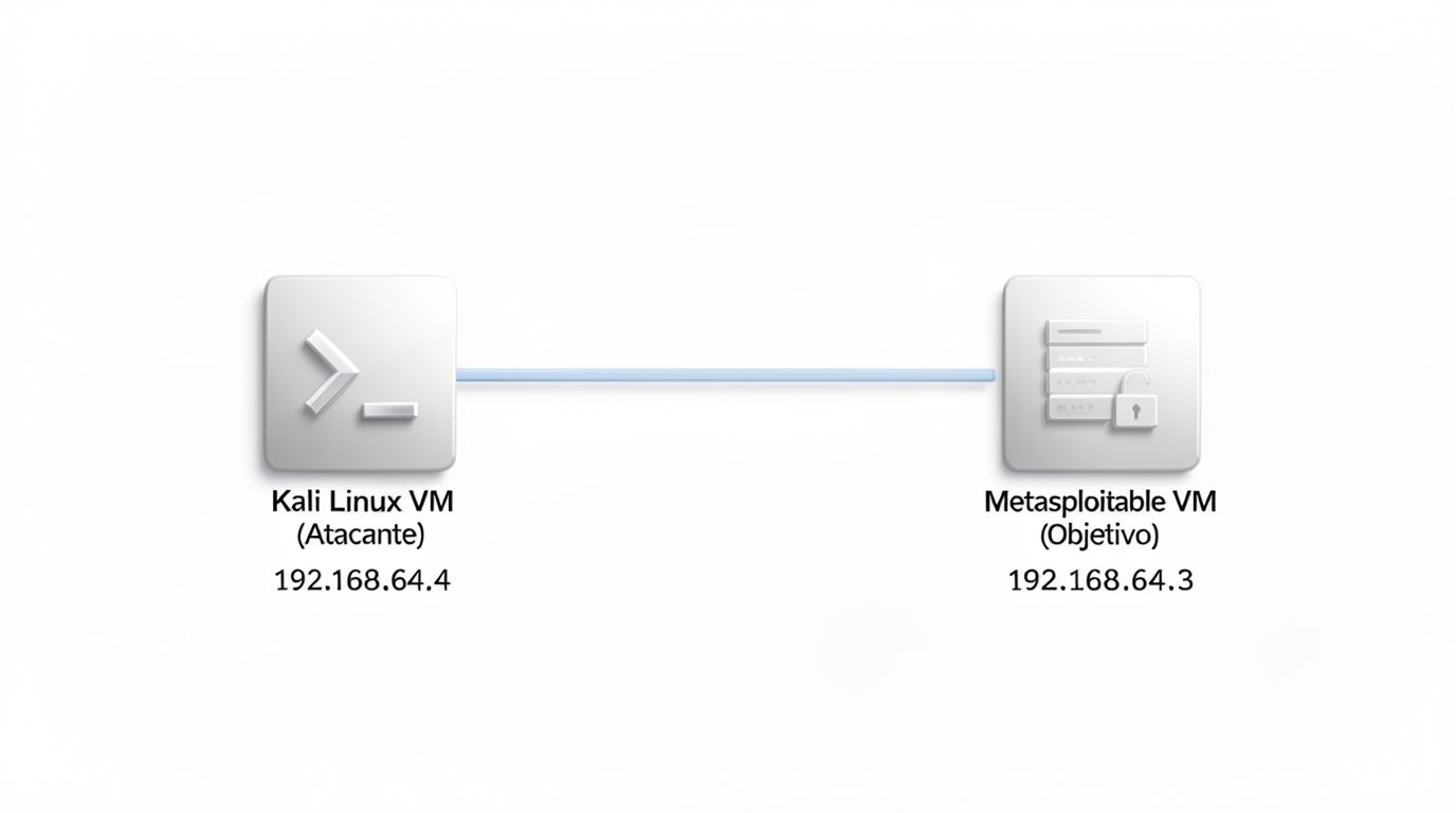 Architektur: Kali Linux (Angreifer) gegen Metasploitable (Ziel), isoliertes Host-only-Netzwerk