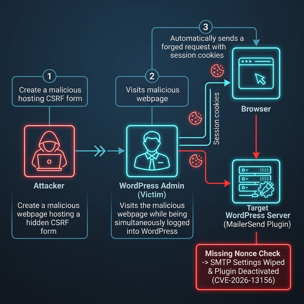 CVE-2026-13156 CSRF Attack Chain Infographic