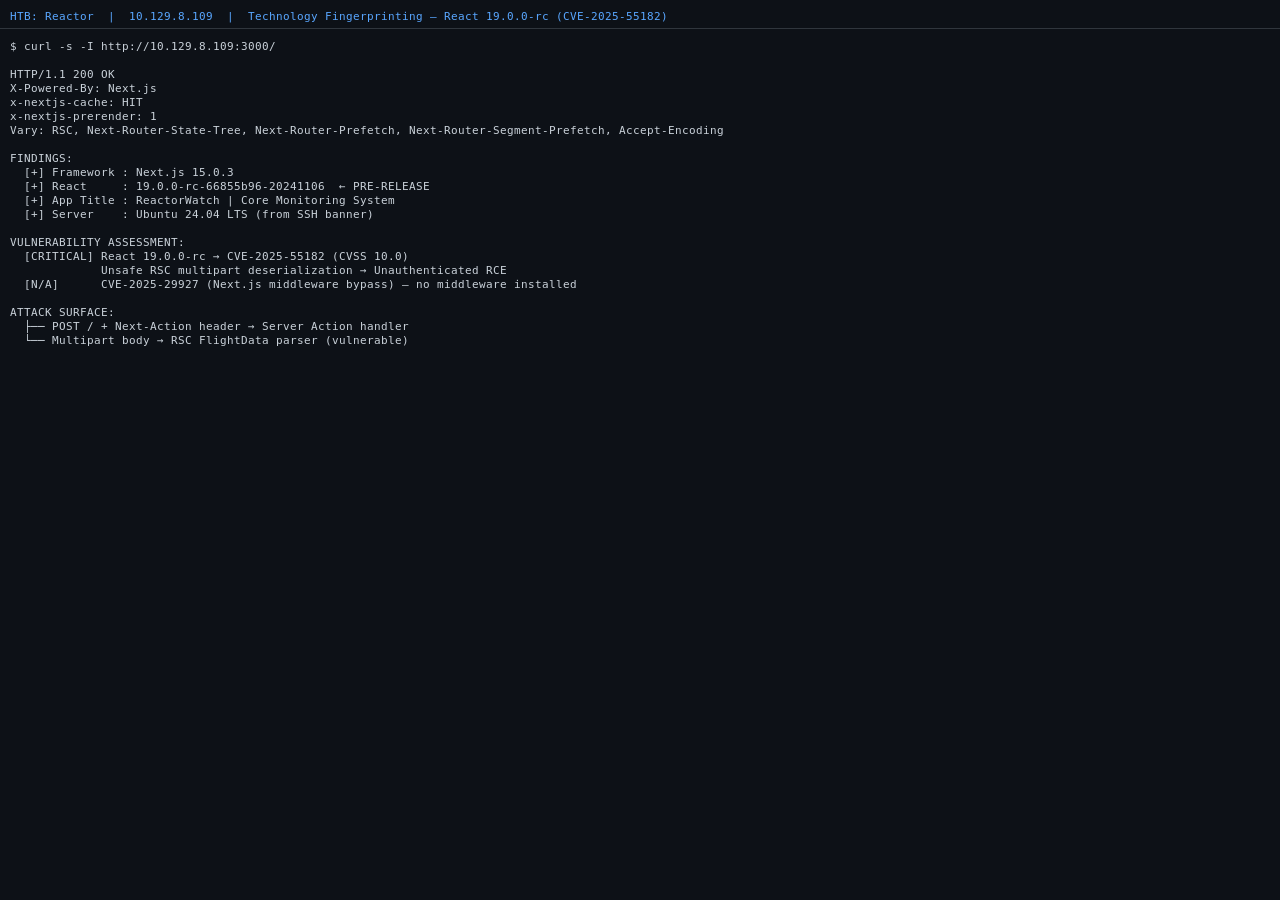 Technology fingerprinting showing React 19.0.0-rc detected and CVE-2025-55182 identified