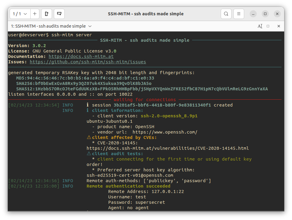 SSH-MITM intercepting credentials