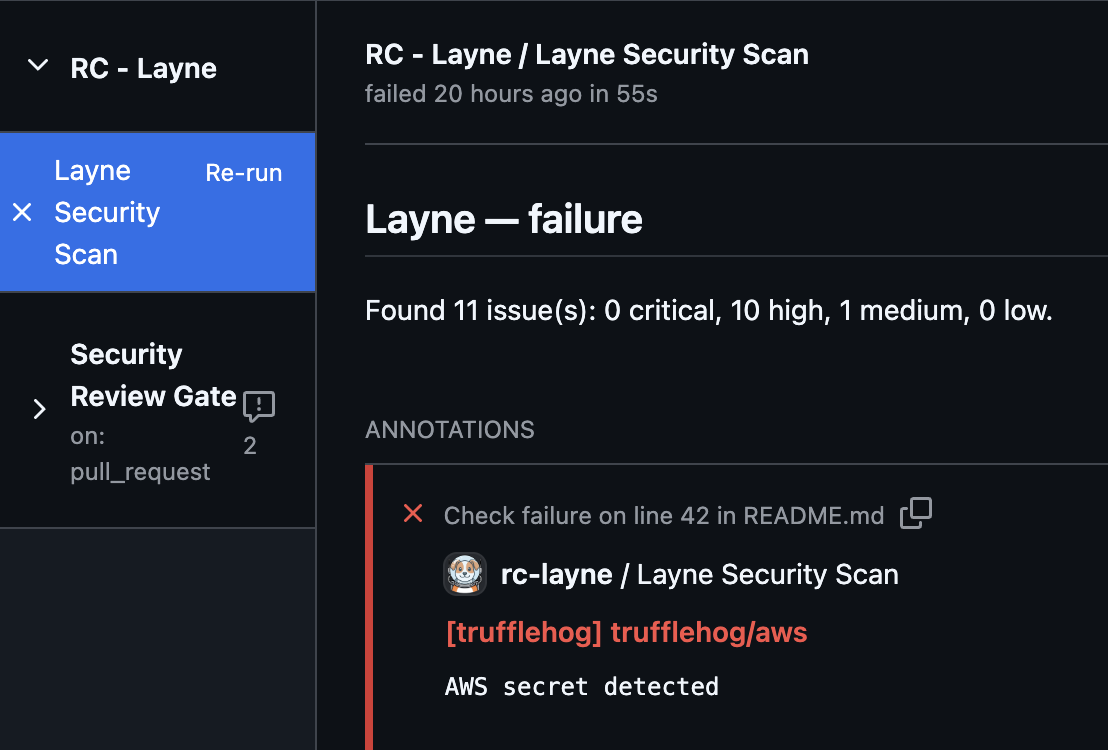 심각도별로 분류된 결과를 보여주는 Layne 검사 실행 요약