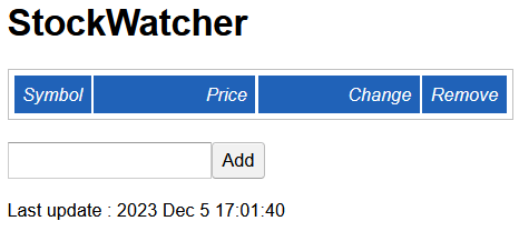 [ La aplicación web StockWatcher mostrando un campo para agregar un símbolo de acción ]