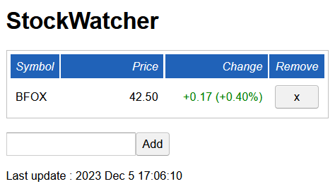 [ La aplicación web StockWatcher mostrando datos de precios simulados para el símbolo BFOX ]