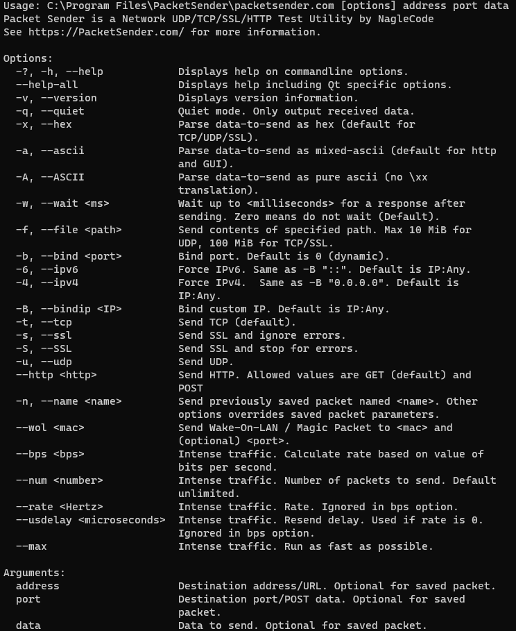 Captura de pantalla de CLI de Packet Sender