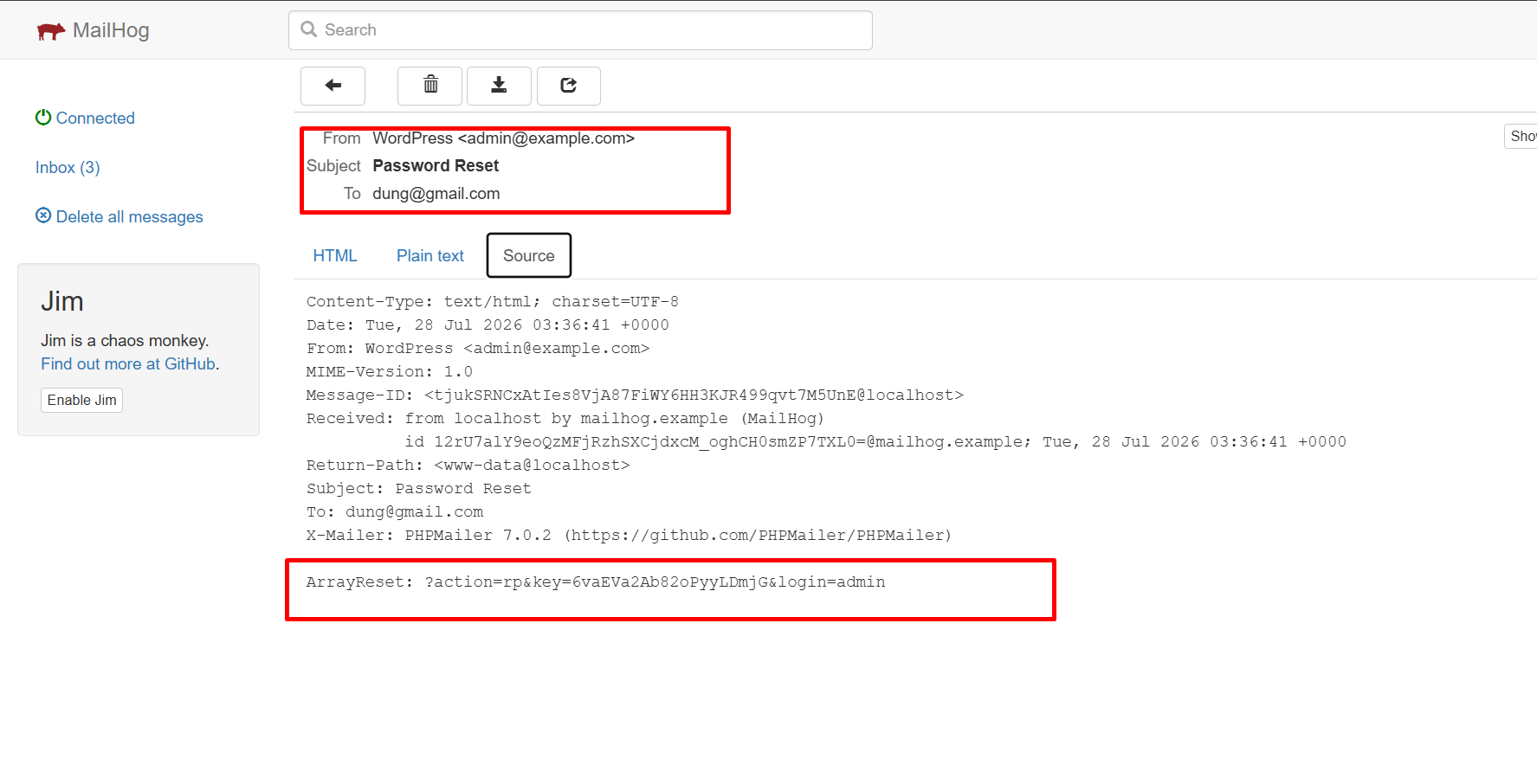 MailHog inbox receiving reset key