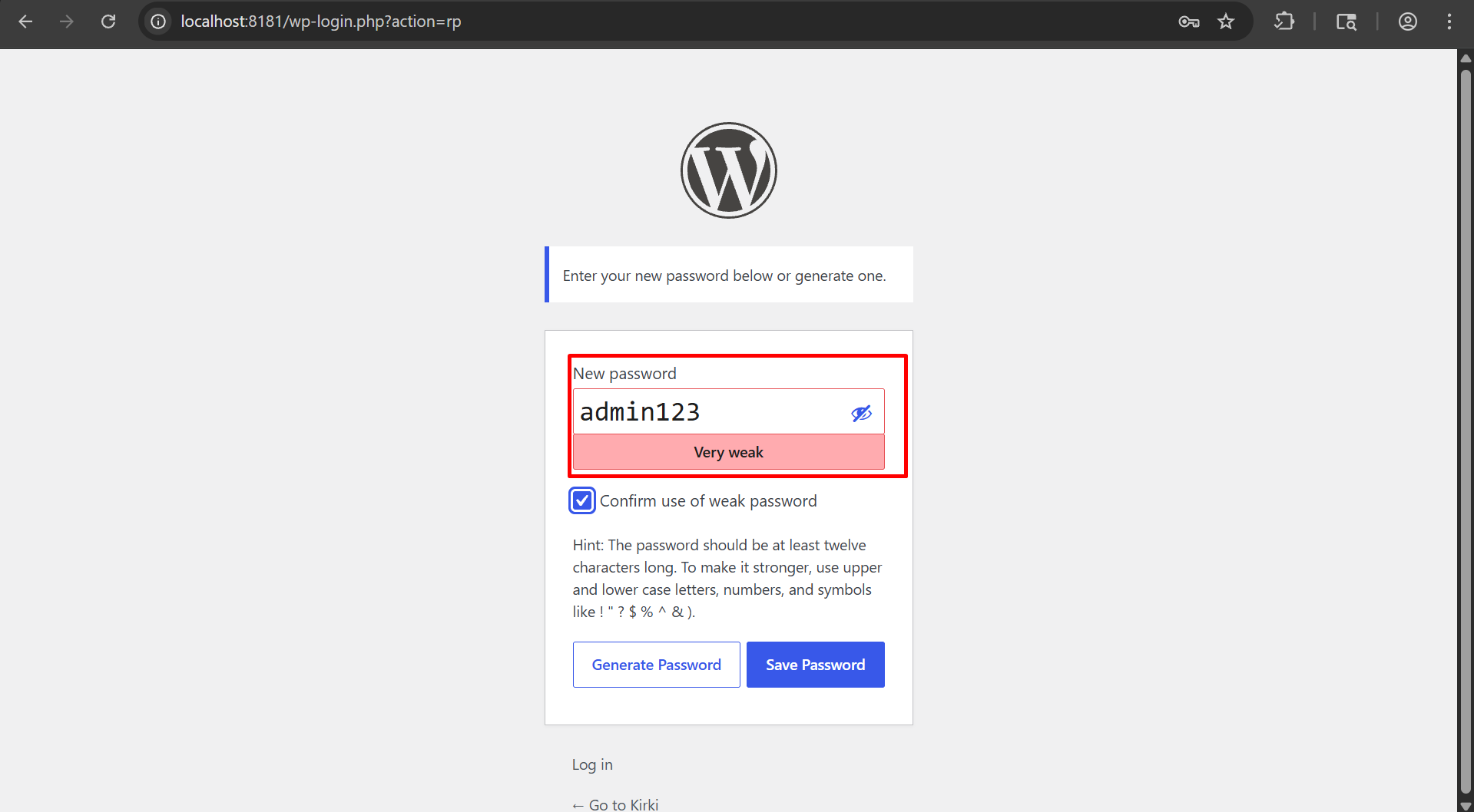 Password reset form