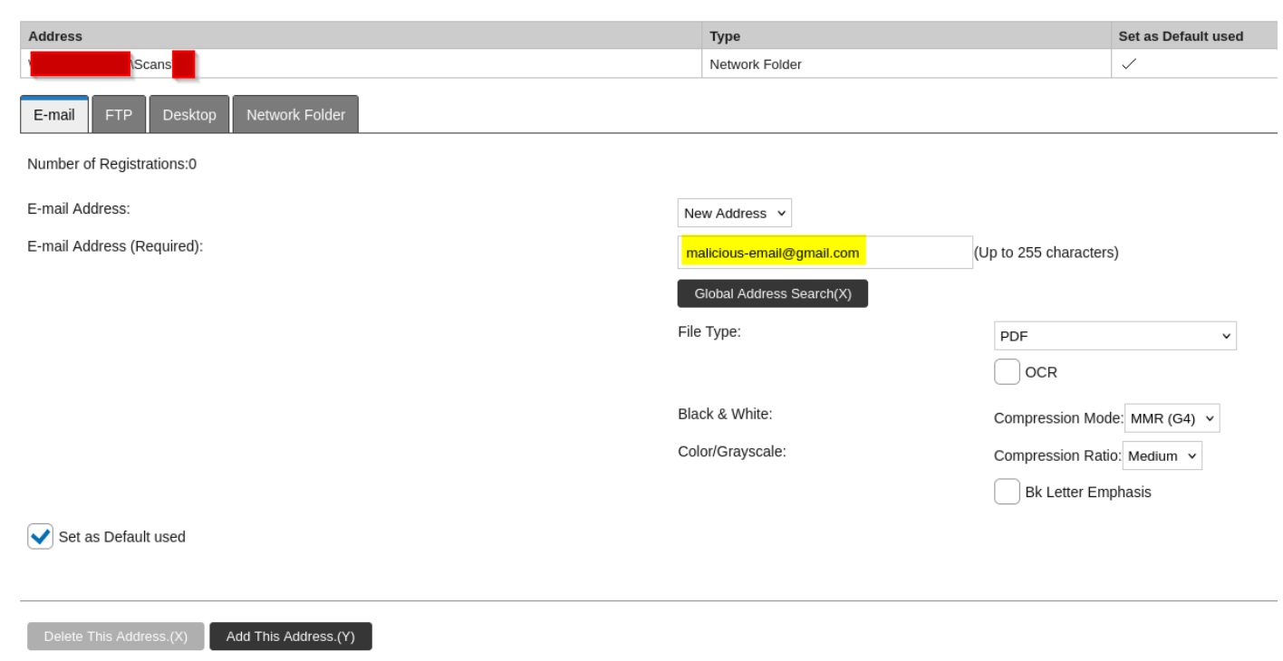 Endereço de e-mail do atacante adicionado na guia E-mail e marcado como padrão