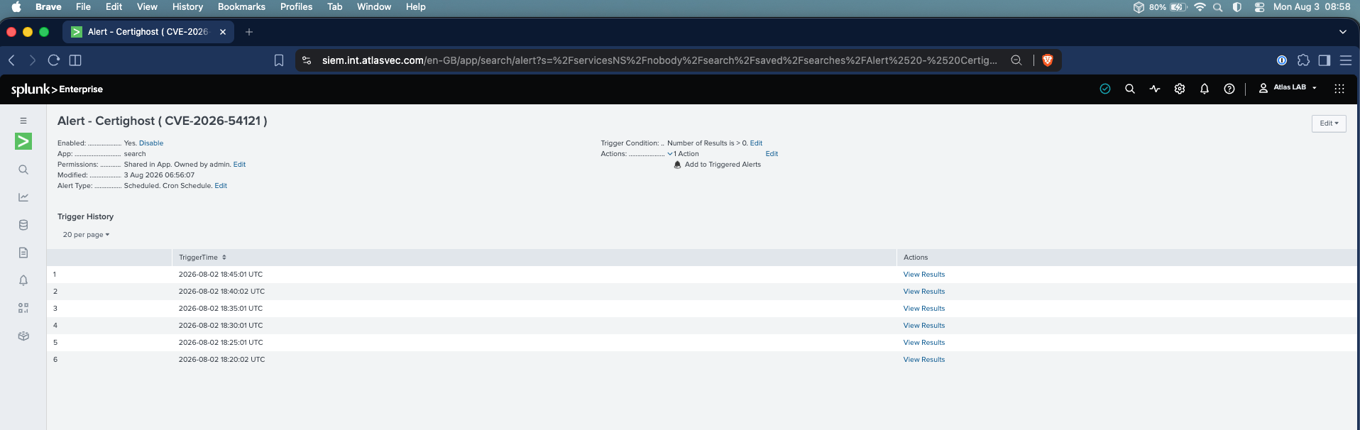 Alert configuration: Enabled, Scheduled/Cron, Trigger Condition = Number of Results greater than 0