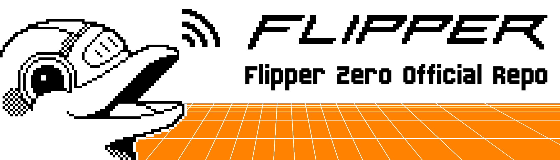 Ein Pixel-Art eines Delfins mit Text: Flipper Zero Official Repo