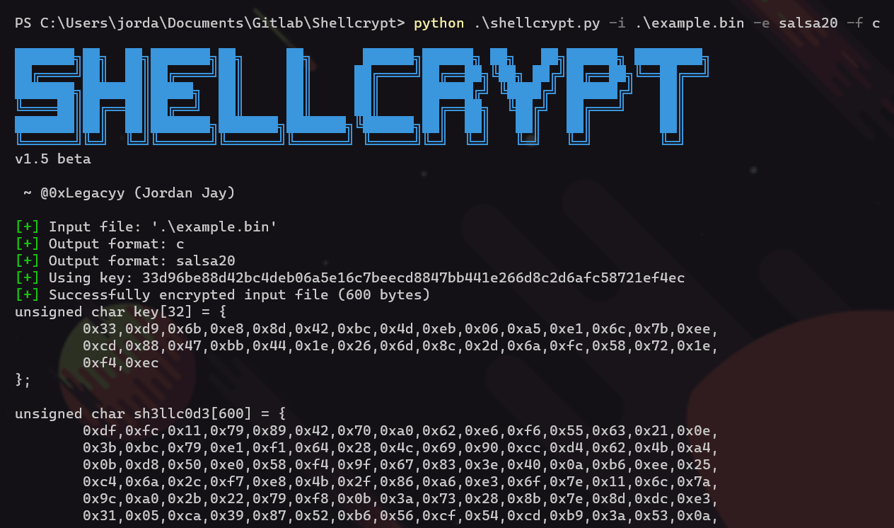 Screenshot di Shellcrypt che cifra shellcode