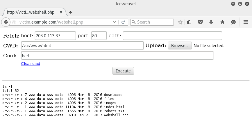 Captura de pantalla de la shell web PHP de WhiteWinterWolf
