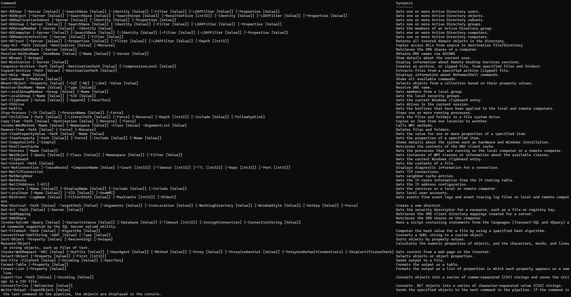 Cobalt Strike의 NoPowerShell 지원되는 NoPowerShell 명령
