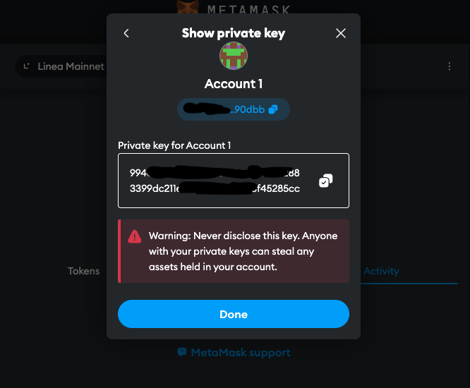 Recurso de mostrar chave privada do MetaMask