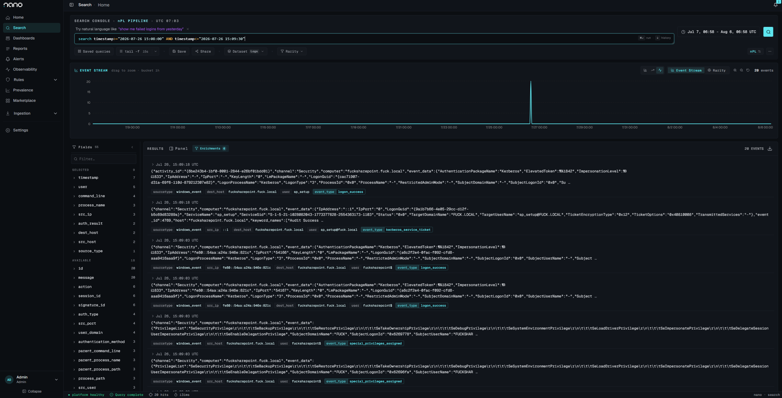 Twenty events in the key-dump window, showing telemetry flowing normally