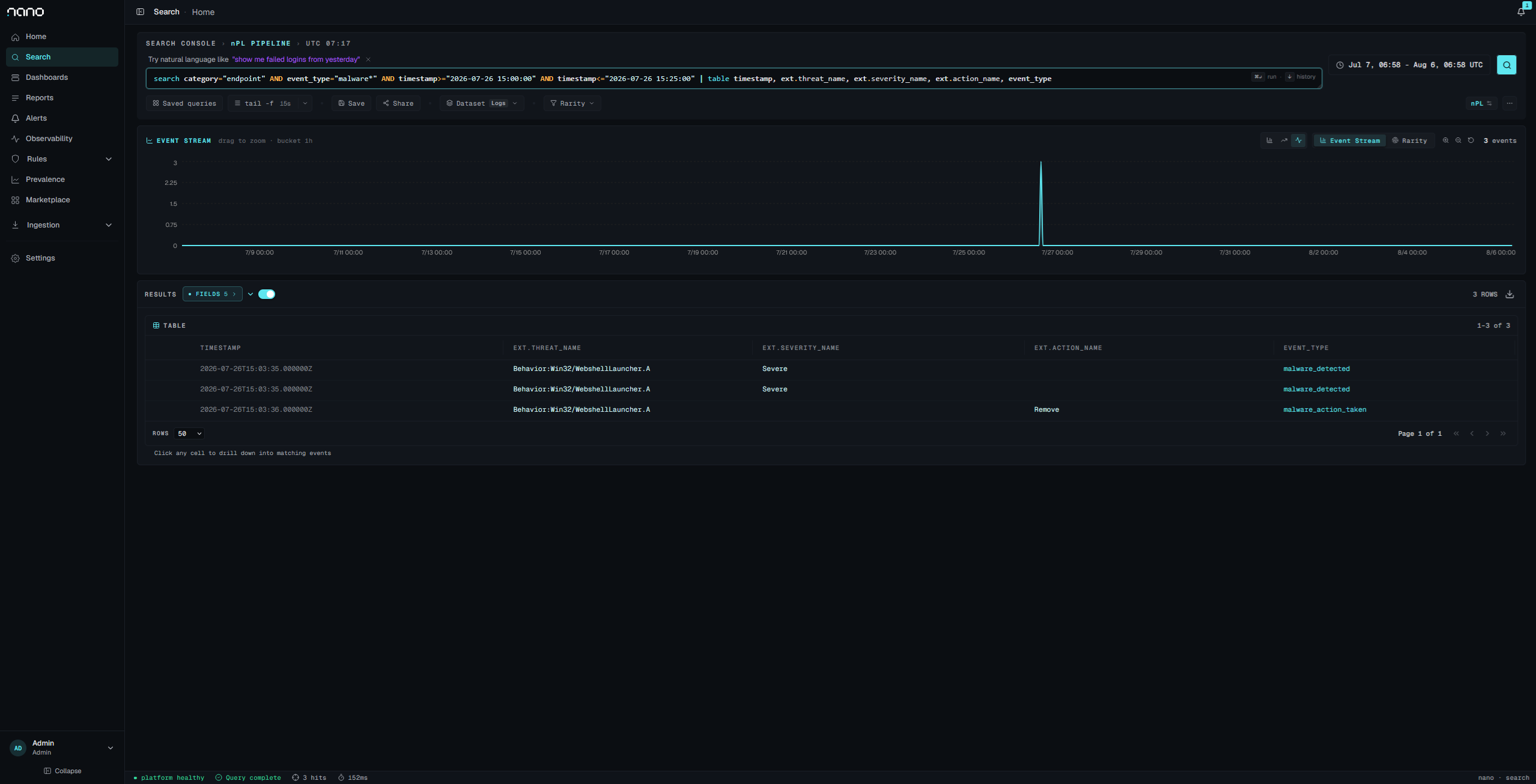 Three Defender events, all Behavior:Win32/WebshellLauncher.A, severity Severe, action Remove