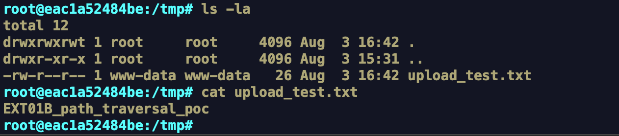 Terminale con ls -la /tmp che mostra upload_test.txt di proprietà di www-data