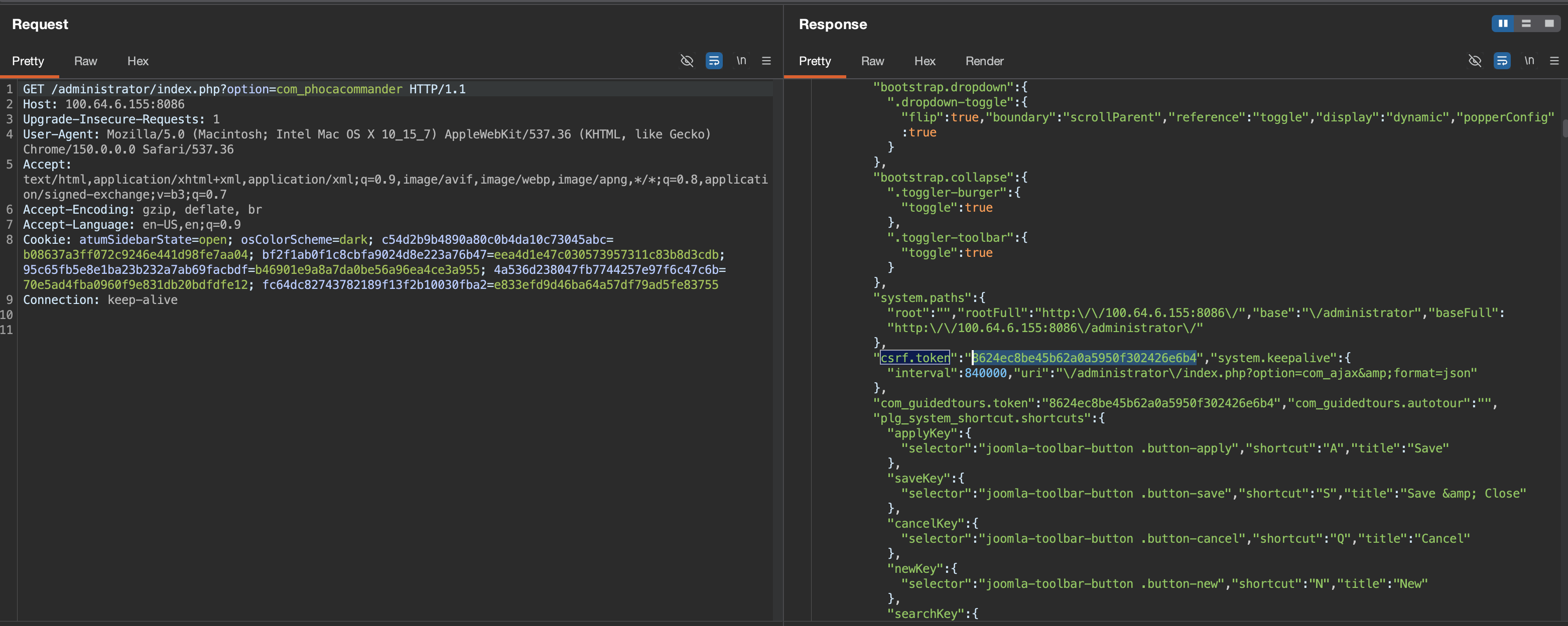 Burp Suite – richiesta GET con token CSRF evidenziato nella risposta