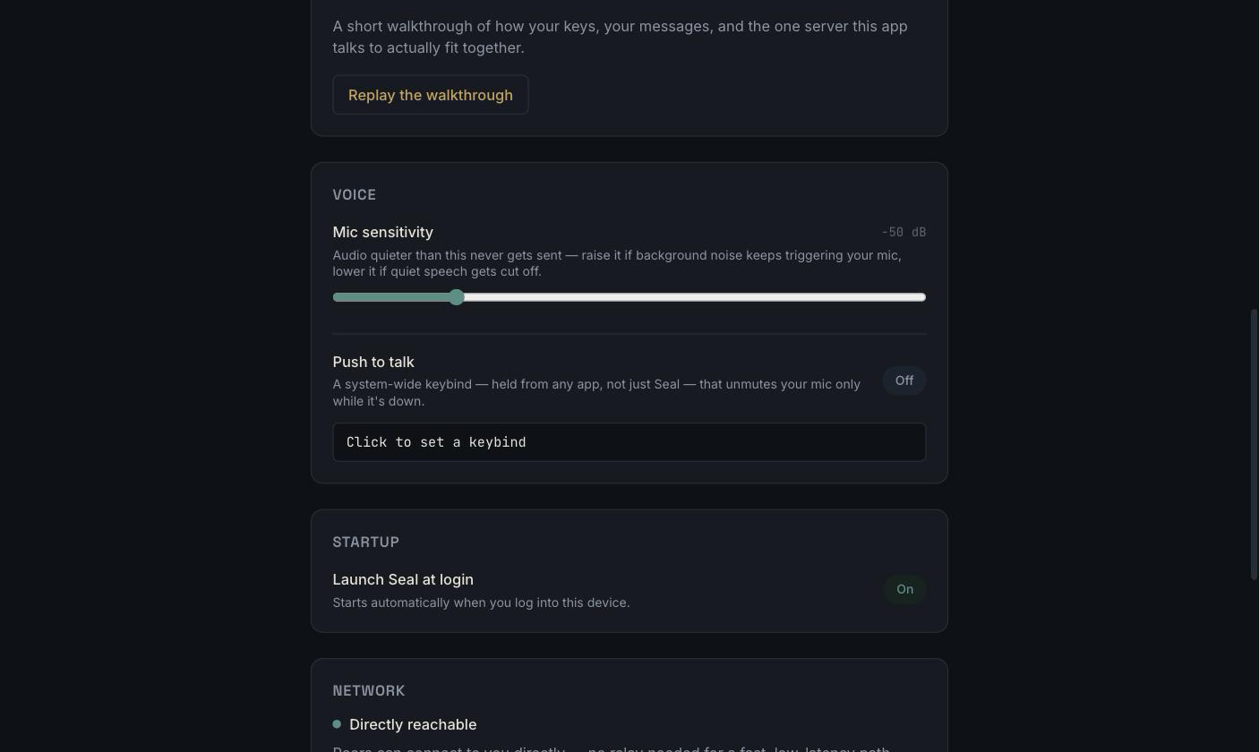 Seal's settings panel: mic sensitivity, push-to-talk, launch-at-login, and network reachability