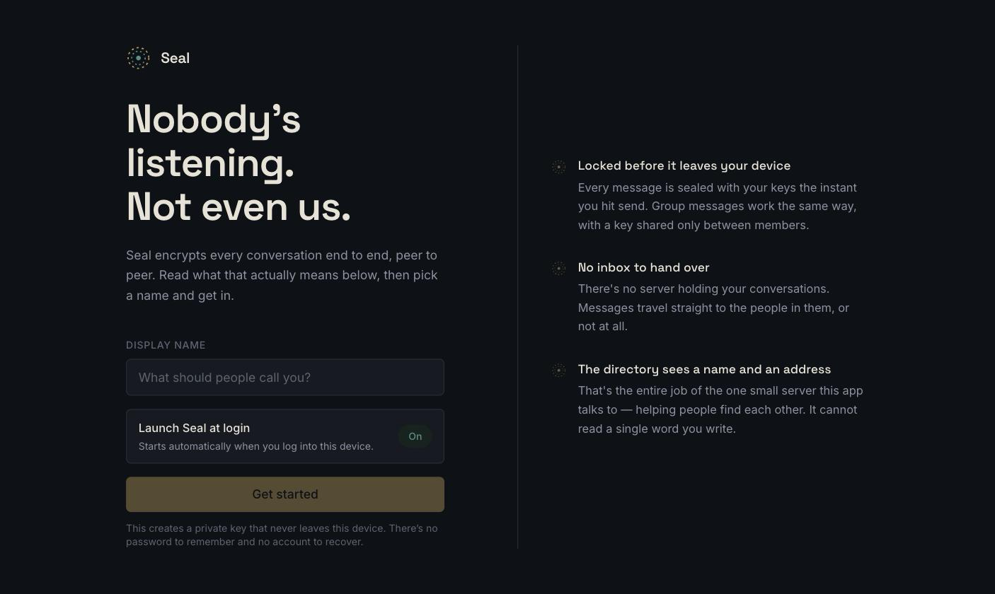Seal's first-run screen: an explanation of the encryption model next to a display-name form, with a launch-at-login toggle