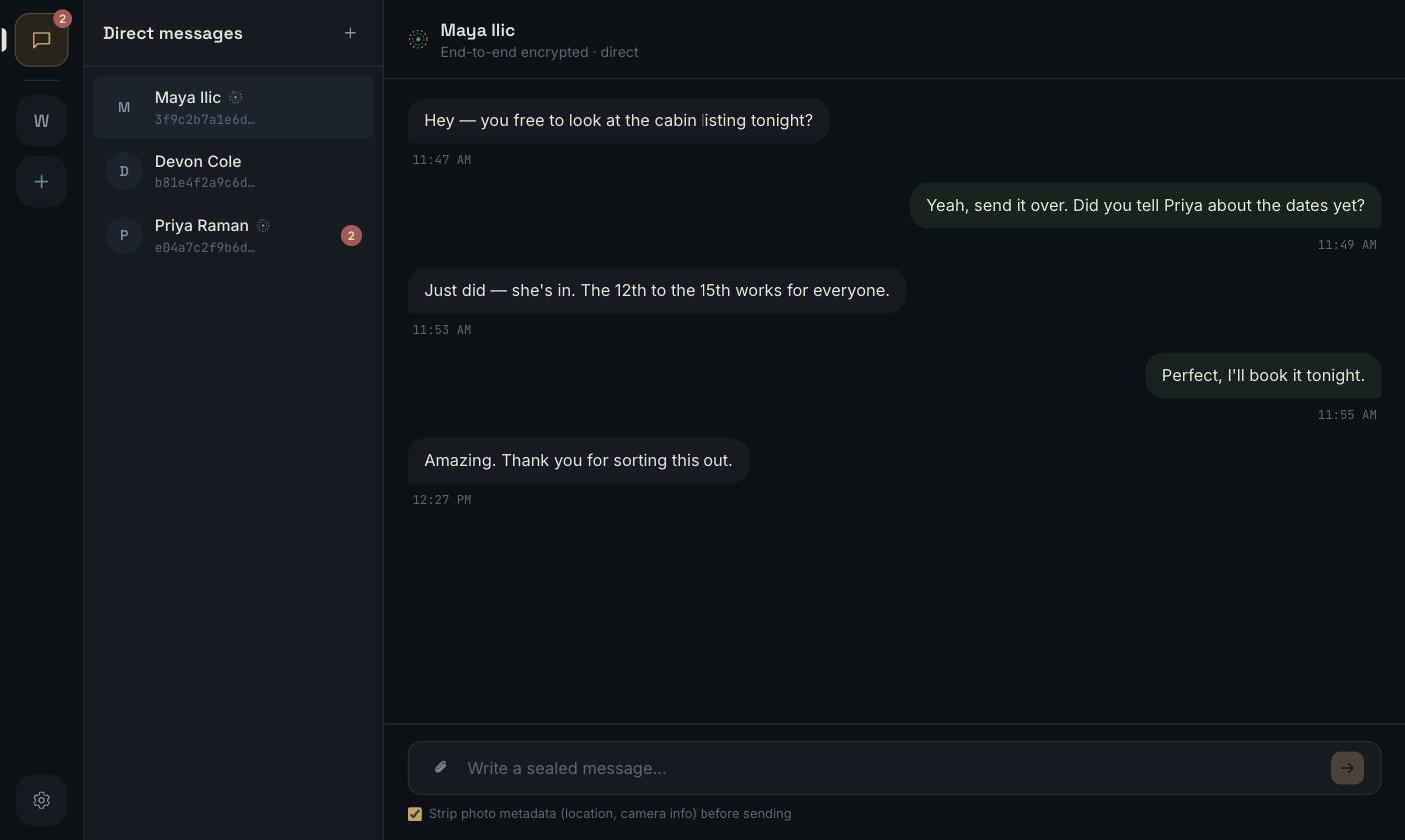 A direct-message conversation in Seal, showing the group rail, contact list, and end-to-end encrypted chat pane