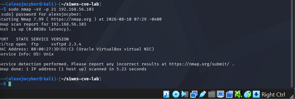 vsFTPd 2.3.4 detected on port 21