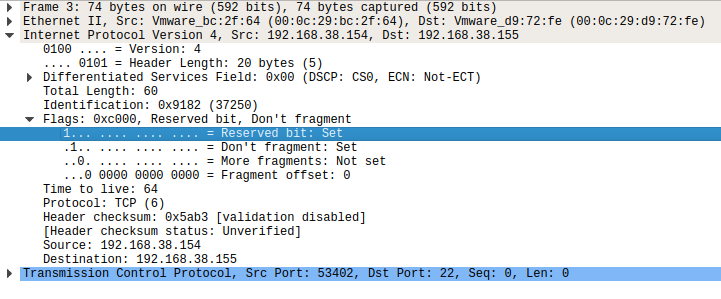 Wireshark 显示保留位已设置的截图