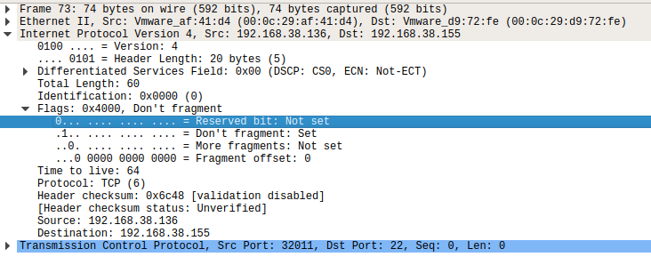 Wireshark 显示保留位未设置的截图