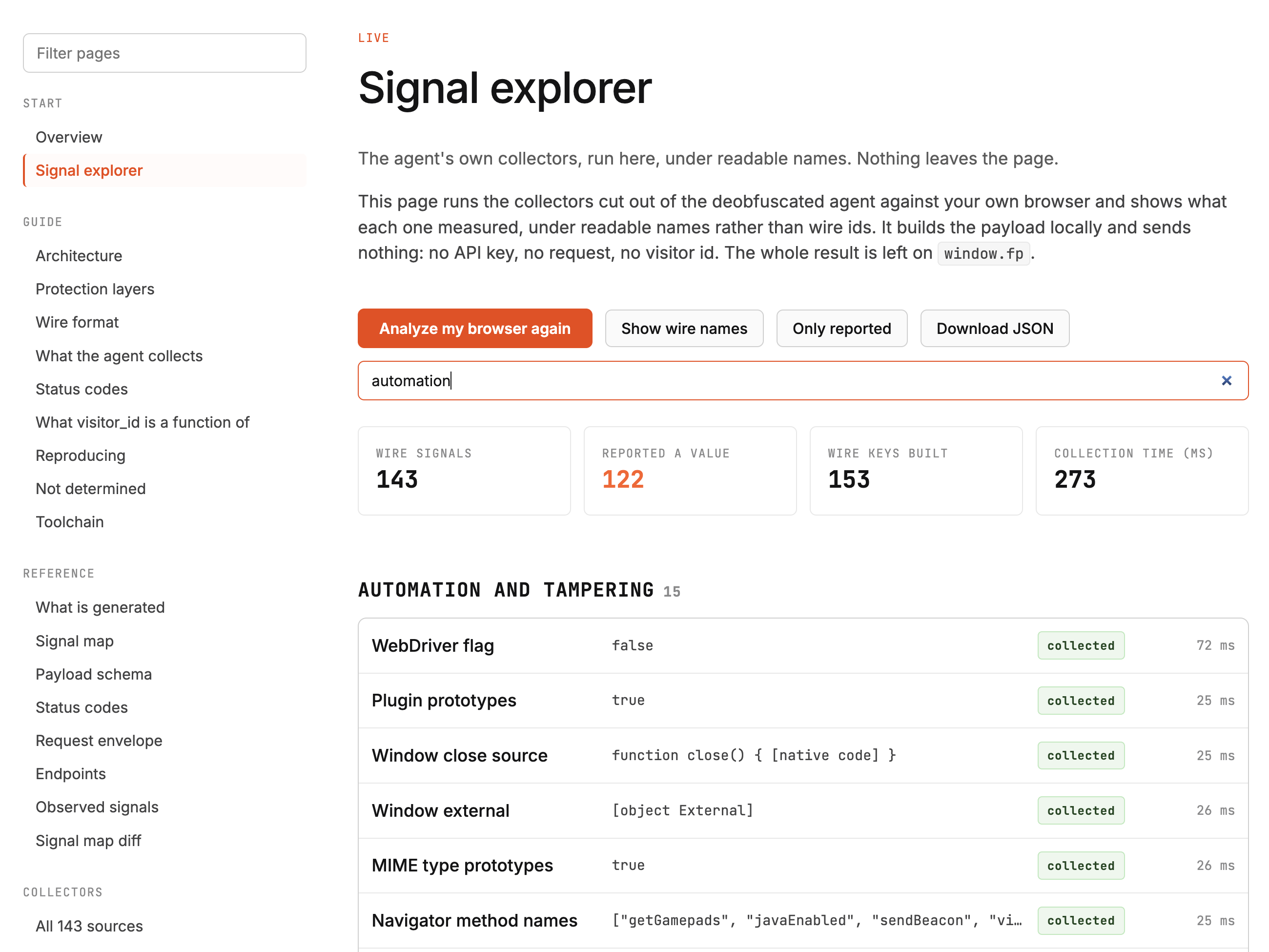 L'explorateur de signaux exécutant les 143 collecteurs dans le navigateur