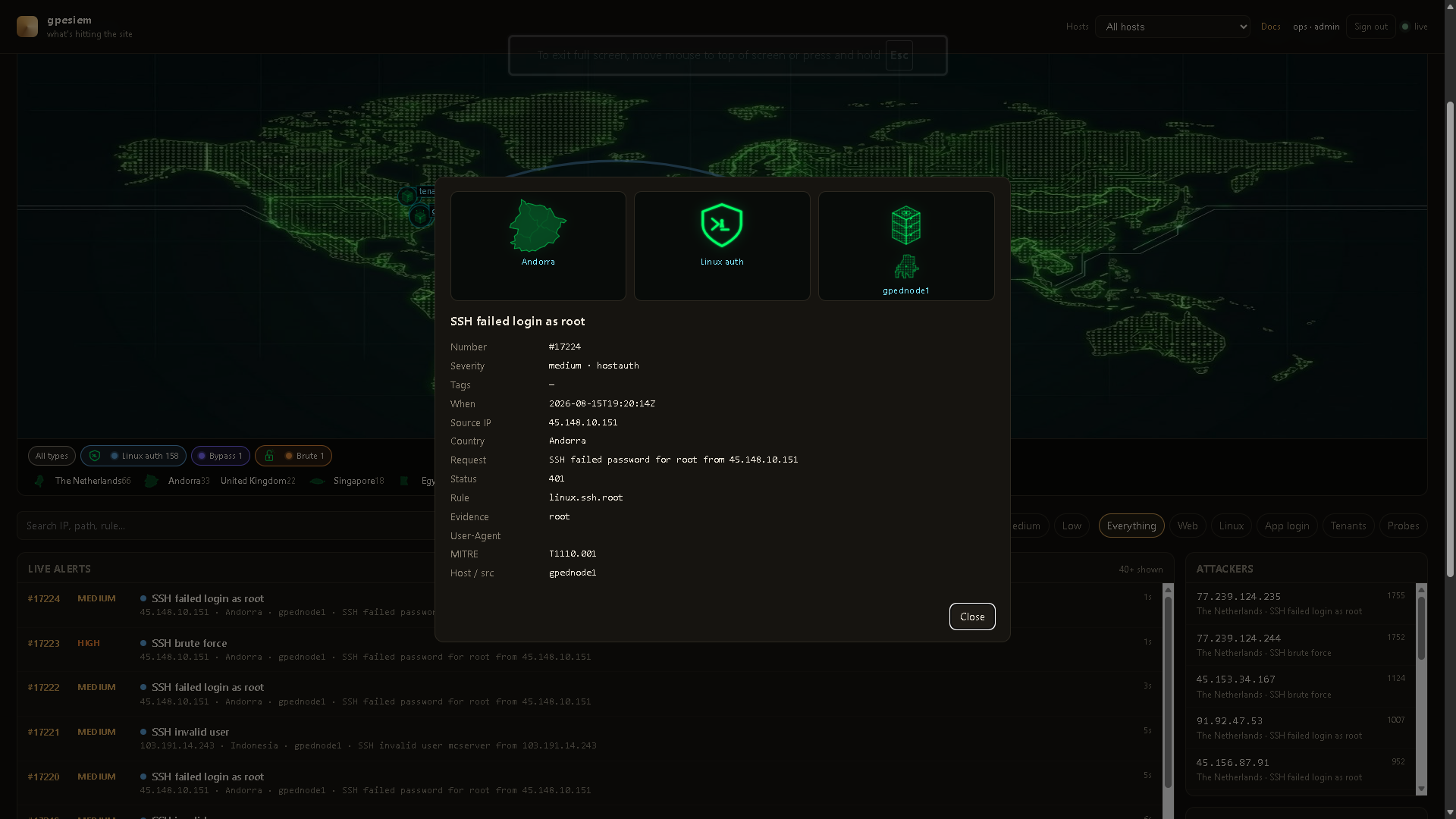 Alert inspect card with country art, Linux-auth mark, and host icon